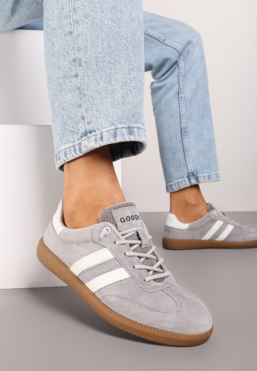 Szare Sneakersy ze Skóry Naturalnej na Płaskiej Podeszwie Wykończone Paskami Navinda 1