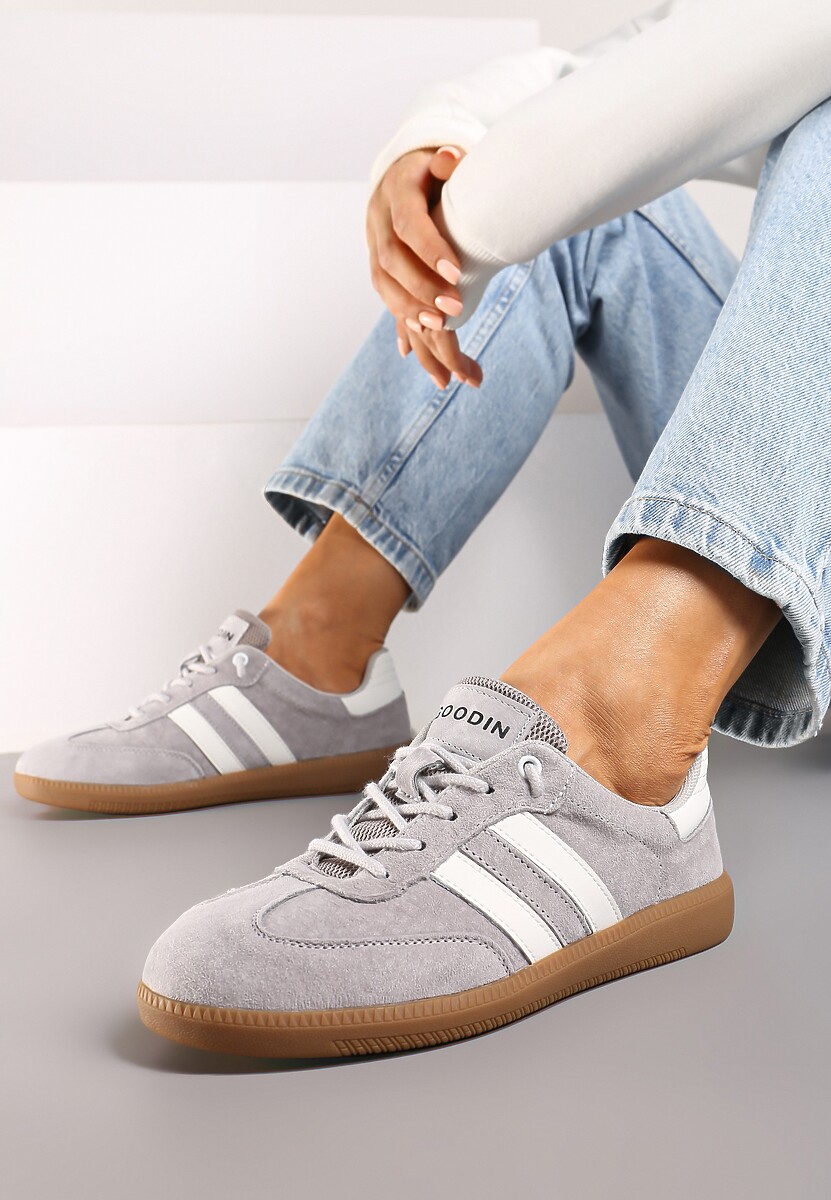 Szare Sneakersy ze Skóry Naturalnej na Płaskiej Podeszwie Wykończone Paskami Navinda 2