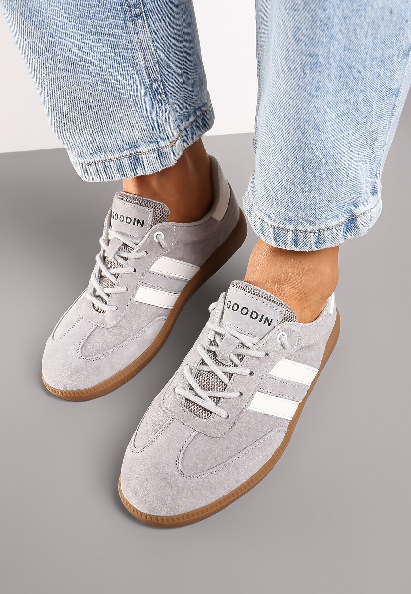 Szare Sneakersy ze Skóry Naturalnej na Płaskiej Podeszwie Wykończone Paskami Navinda 3