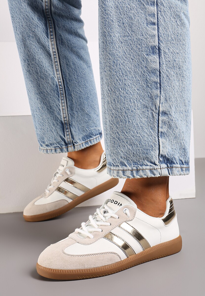 Biało-Złote Sneakersy ze Skóry Naturalnej na Płaskiej Podeszwie Wykończone Paskami Navinda 2