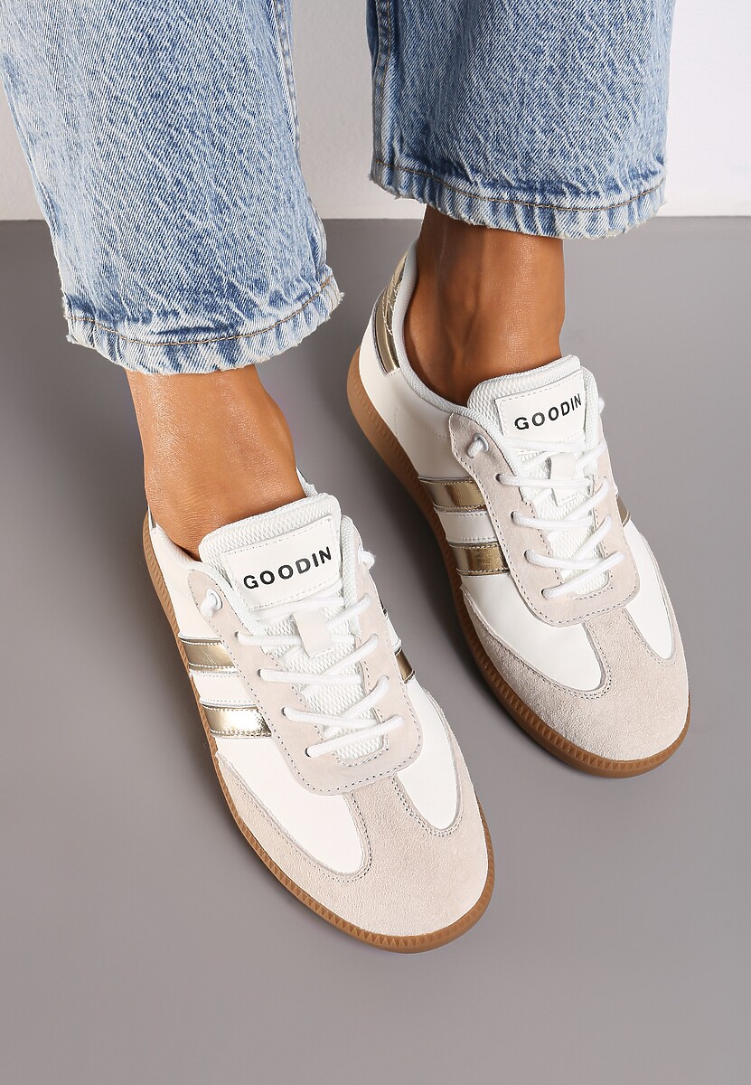 Biało-Złote Sneakersy ze Skóry Naturalnej na Płaskiej Podeszwie Wykończone Paskami Navinda 3