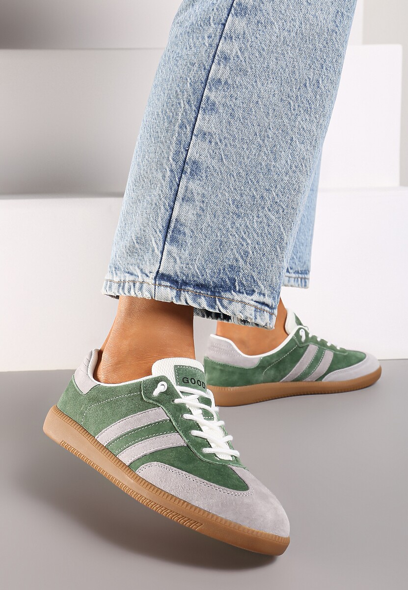 Zielono-Szare Sneakersy ze Skóry Naturalnej na Płaskiej Podeszwie Wykończone Paskami Navinda 1