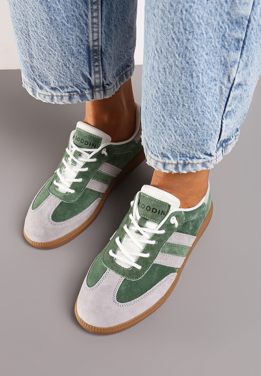 Zielono-Szare Sneakersy ze Skóry Naturalnej na Płaskiej Podeszwie Wykończone Paskami Navinda 3