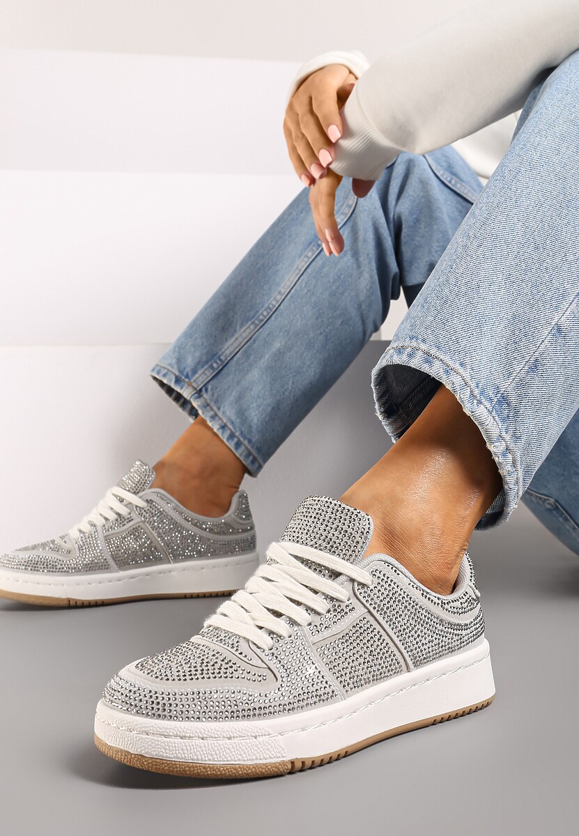 Szare Sneakersy na Płaskiej Podeszwie Wykończone Cyrkoniami Vlisina 1