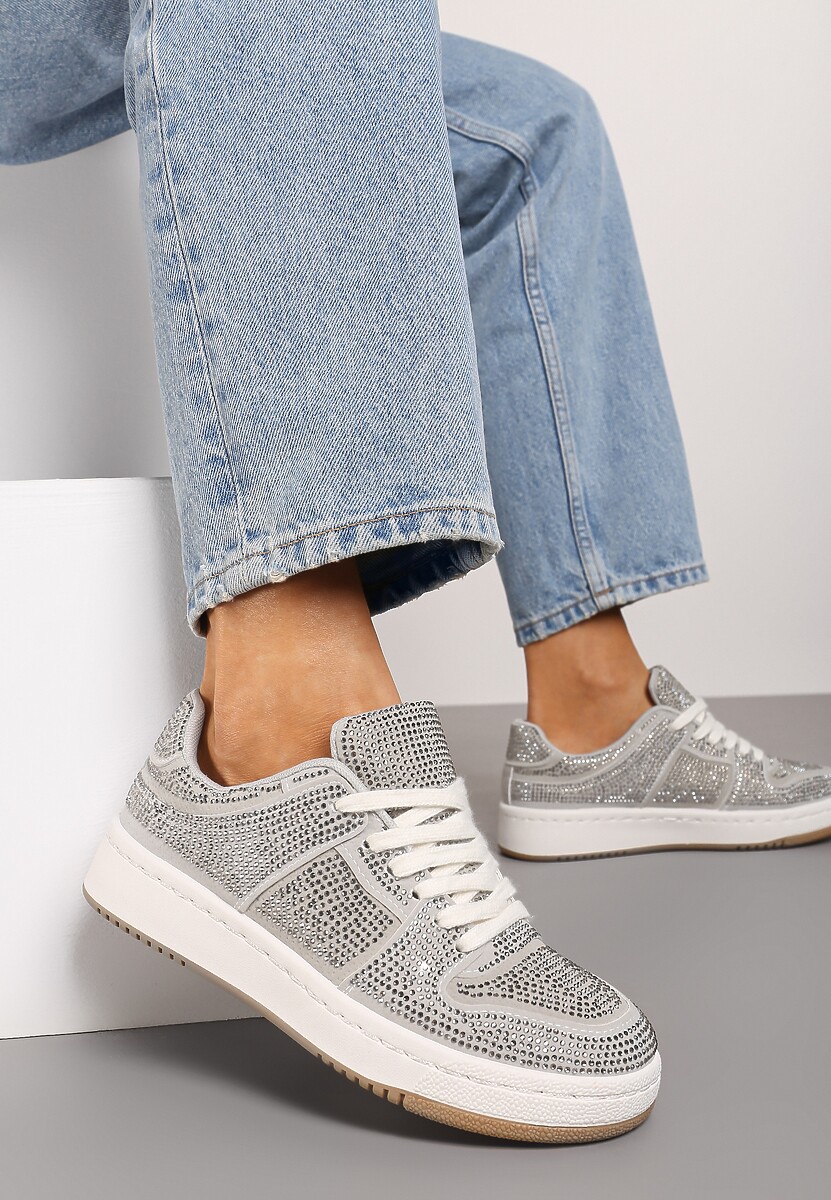 Szare Sneakersy na Płaskiej Podeszwie Wykończone Cyrkoniami Vlisina 2