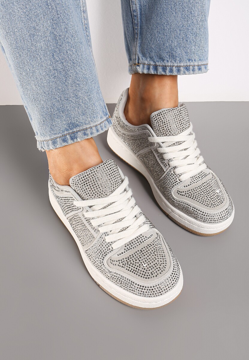 Szare Sneakersy na Płaskiej Podeszwie Wykończone Cyrkoniami Vlisina 3