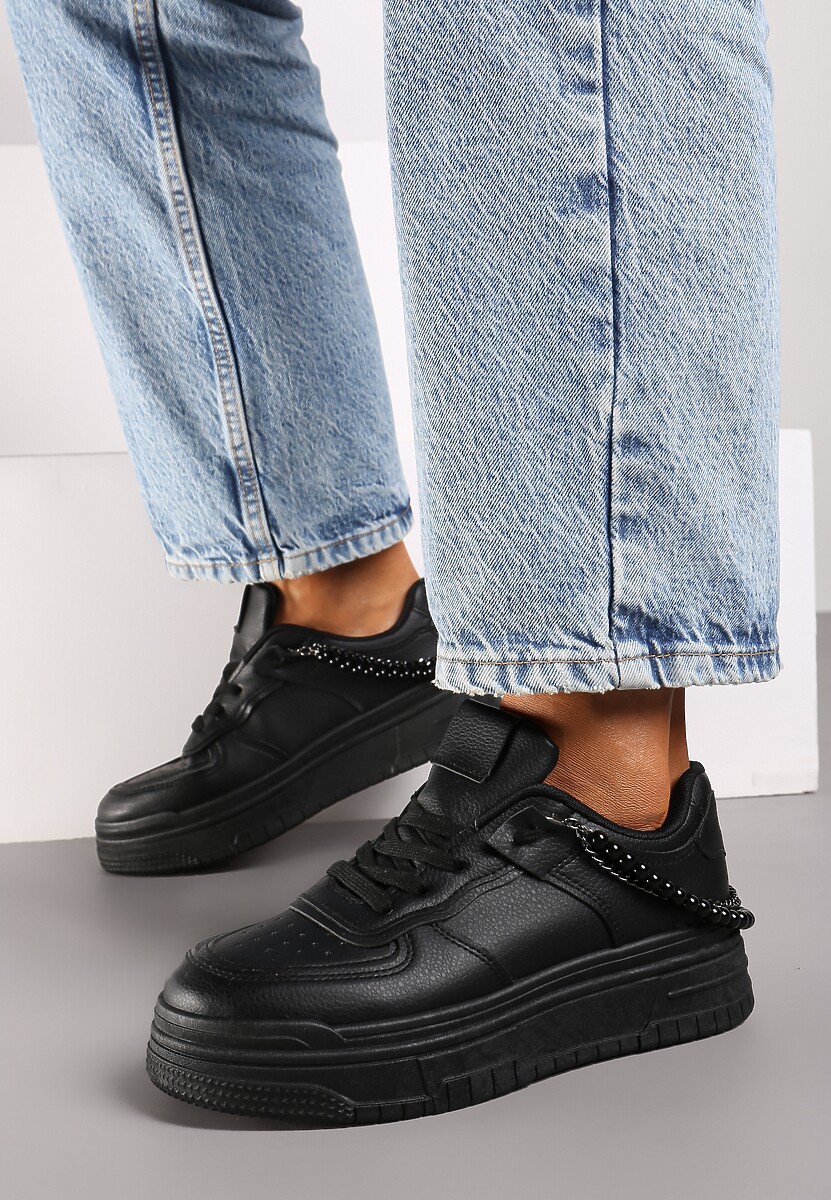 Czarne Sneakersy na Platformie Wykończone Koralikami i Łańcuszkami Milandra 1