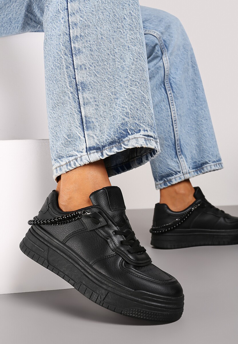 Czarne Sneakersy na Platformie Wykończone Koralikami i Łańcuszkami Milandra 2
