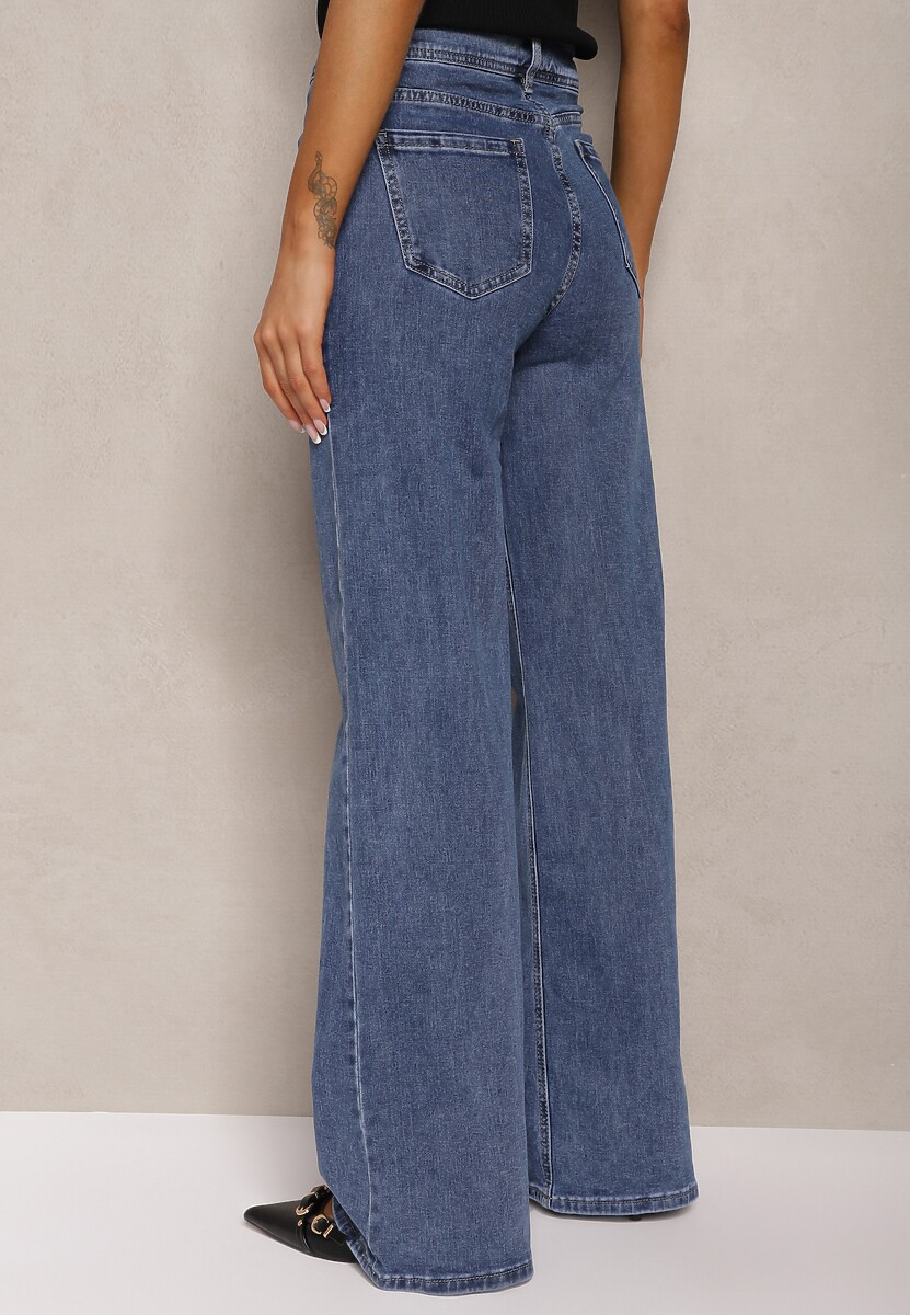 Niebieskie Bawełniane Jeansy o Kroju Dzwonów High Waist Evisari 3