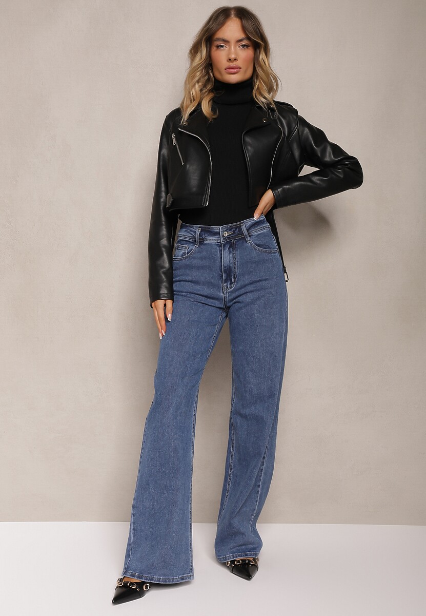 Niebieskie Bawełniane Jeansy o Kroju Dzwonów High Waist Evisari 1