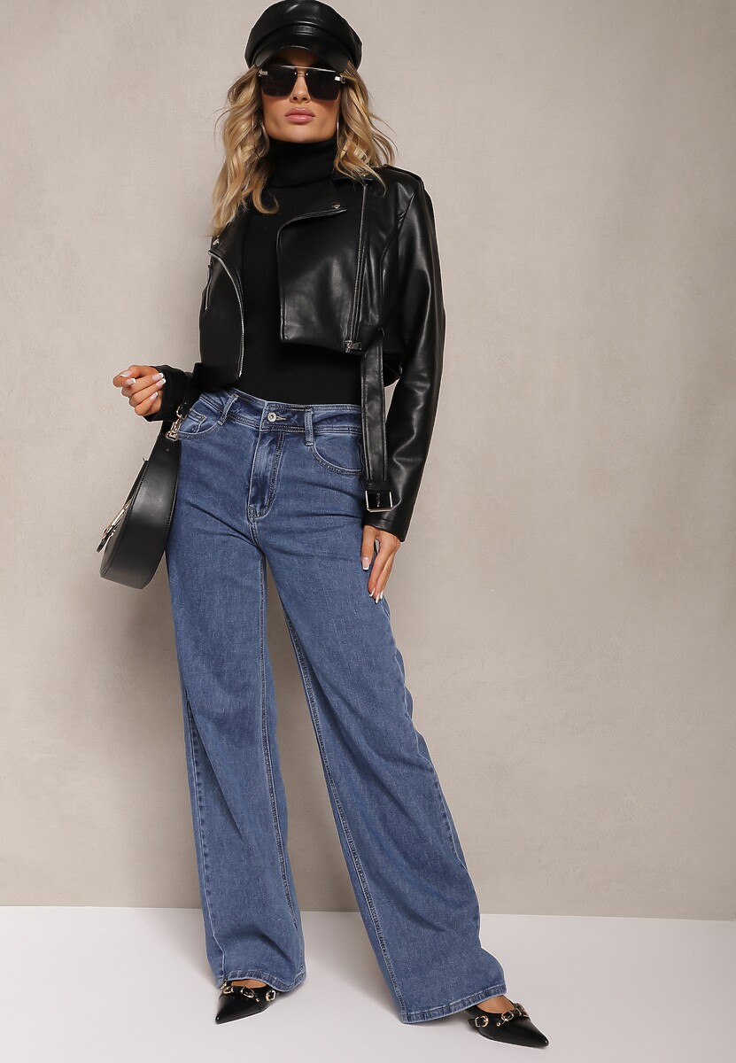 Niebieskie Bawełniane Jeansy o Kroju Dzwonów High Waist Evisari 2