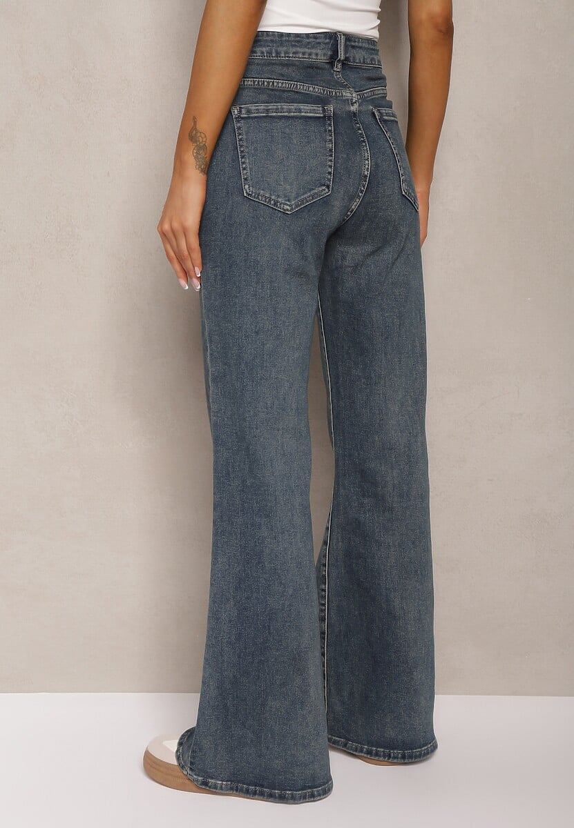 Granatowe Bawełniane Jeansowe Spodnie o Kroju Dzwonów High Waist Evirae 3