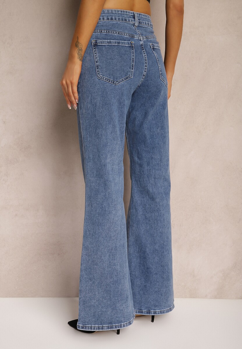 Granatowe Jeansy z Bawełny o Kroju Dzwonów High Waist Navilis 3