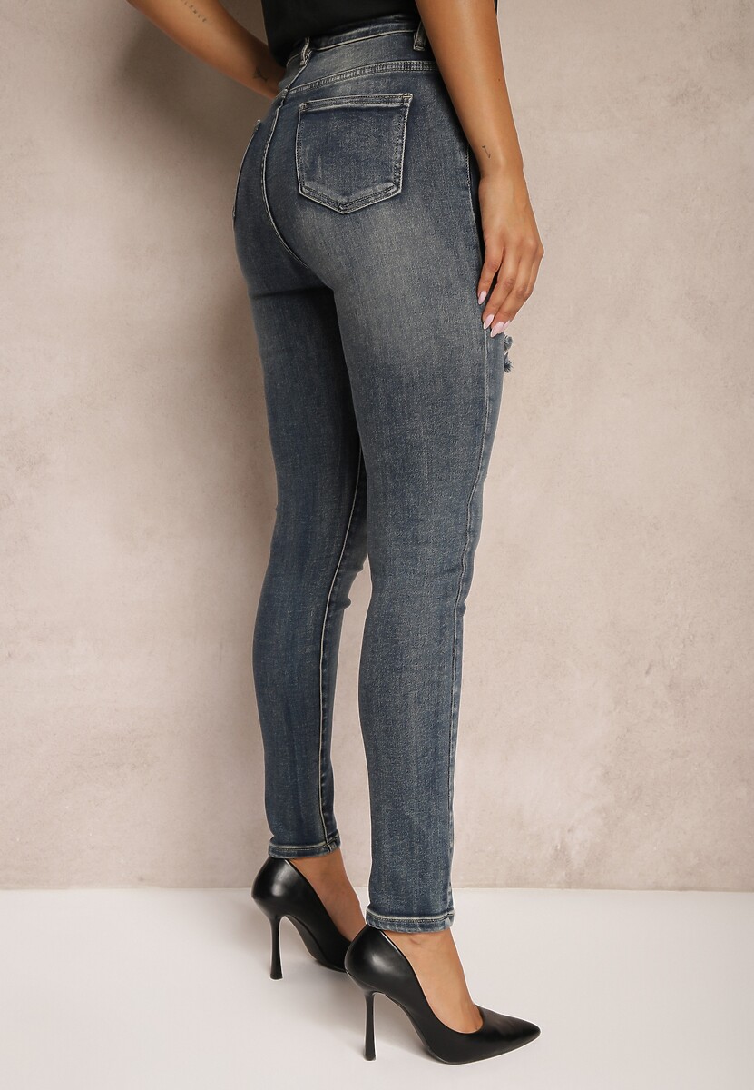 Granatowe Bawełniane Skinny Jeansy Ozdobione Przetarciami Evialyn 3