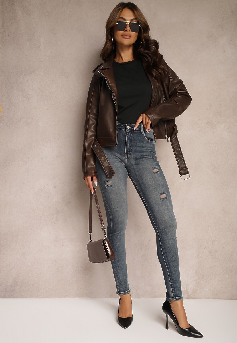 Granatowe Bawełniane Skinny Jeansy Ozdobione Przetarciami Evialyn 2