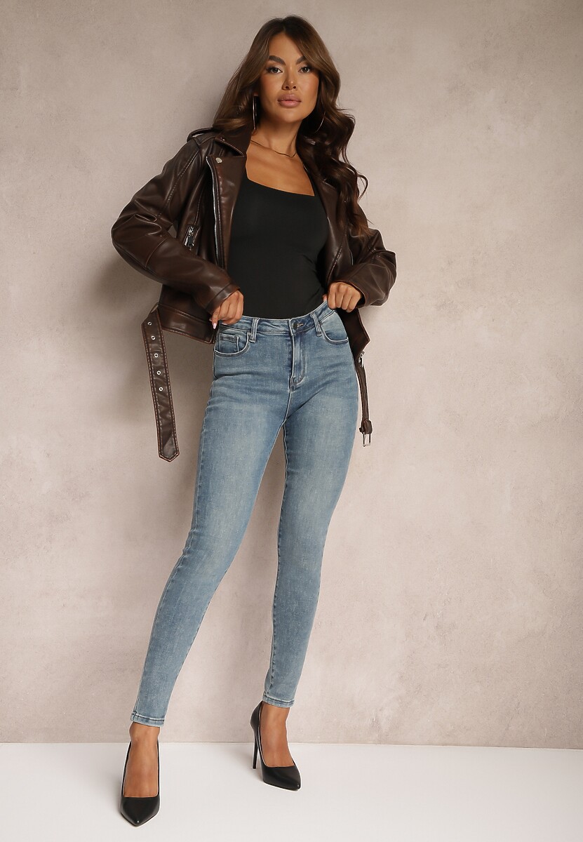 Niebieskie Jeansy Push Up o Kroju Slim High Waist z Dodatkiem Bawełny Evrinda 1