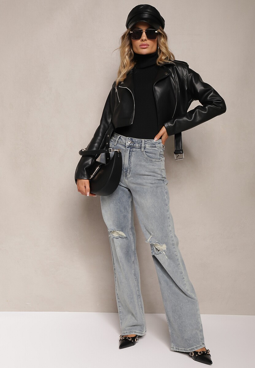 Jasnoniebieskie Jeansy z Bawełny High Waist o Szerokim Kroju Wykończone Dziurami Xeraria 1