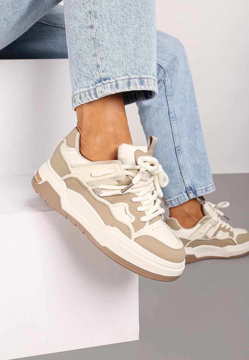 Ciemnobeżowe Sznurowane Sneakersy na Płaskiej Podeszwie Eviline 1