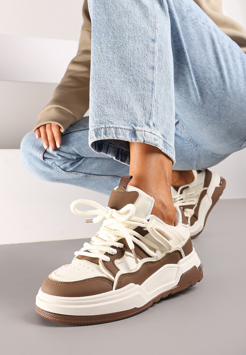 Brązowo-Beżowe Sznurowane Sneakersy na Płaskiej Podeszwie Eviline 1