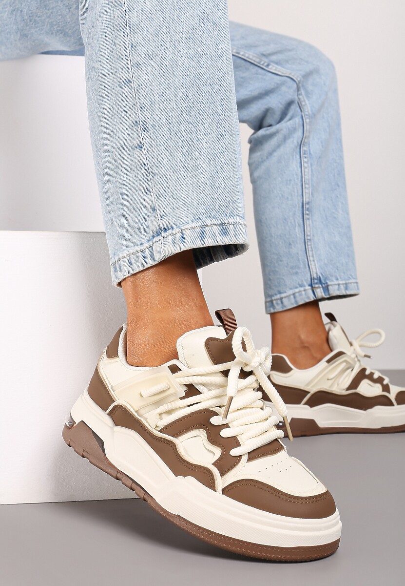 Brązowo-Beżowe Sznurowane Sneakersy na Płaskiej Podeszwie Eviline 2