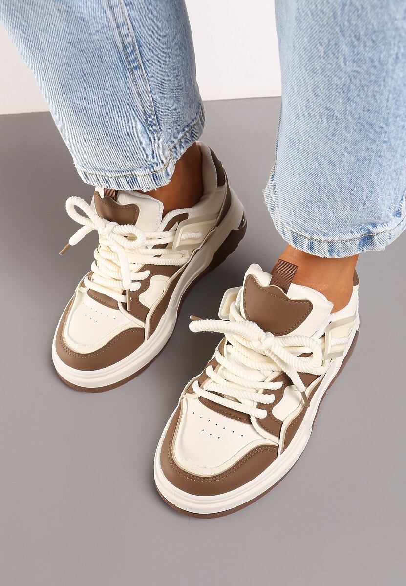 Brązowo-Beżowe Sznurowane Sneakersy na Płaskiej Podeszwie Eviline 3