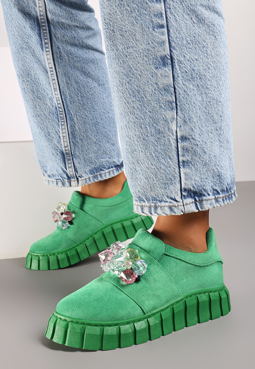 Zielone Wsuwane Sneakersy na Platformie z Kryształkami Alexelina 1