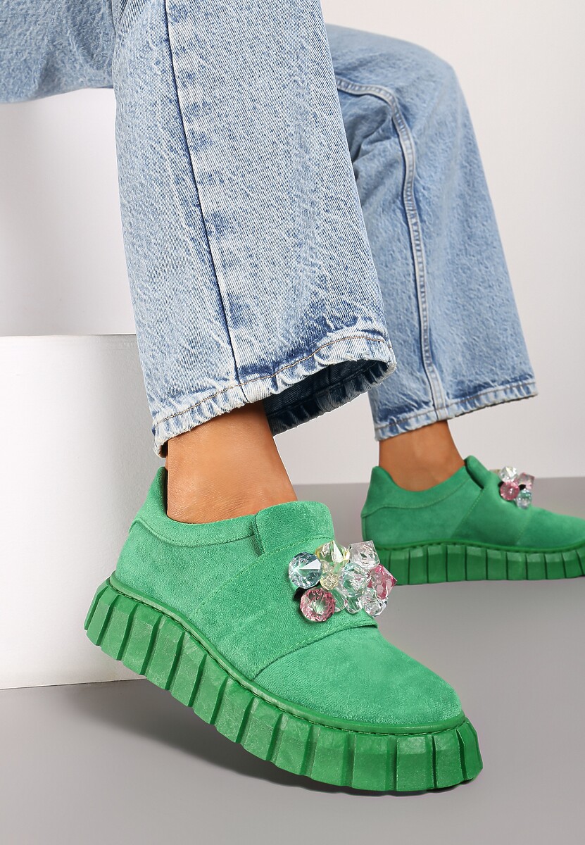Zielone Wsuwane Sneakersy na Platformie z Kryształkami Alexelina 2