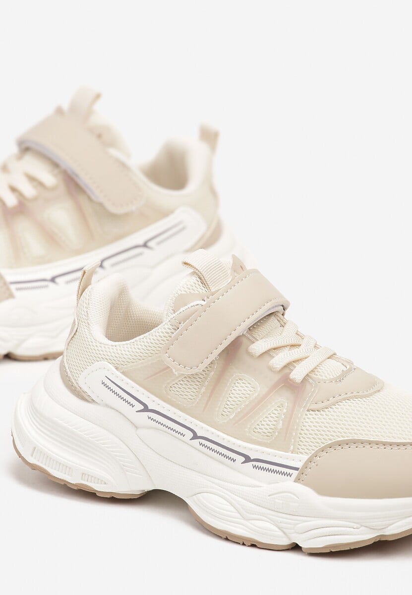 Beżowe Buty Sportowe Sneakersy na Grubej Tłoczonej Podeszwie Zapinane na Rzep Zanovia 3