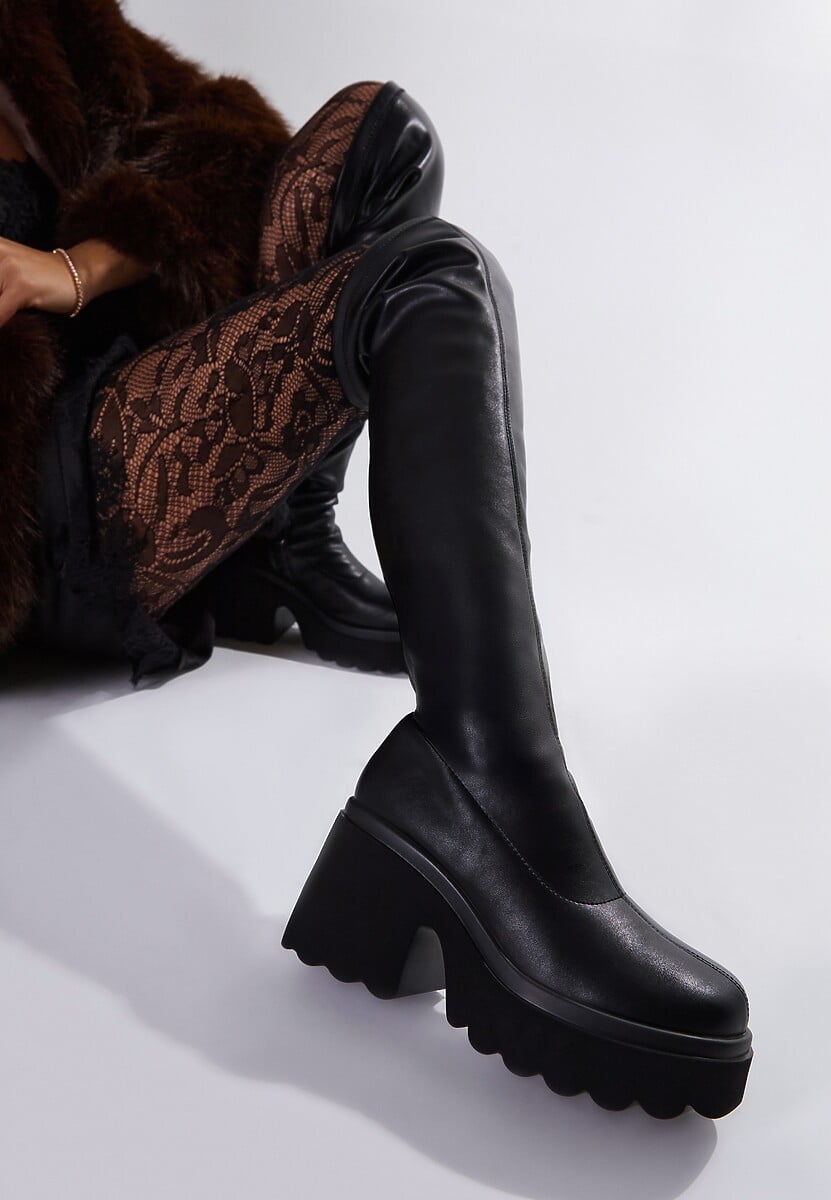 Czarne Kozaki na Platformie i Słupku z Dopasowaną Cholewką za Kolano Geniefra 1