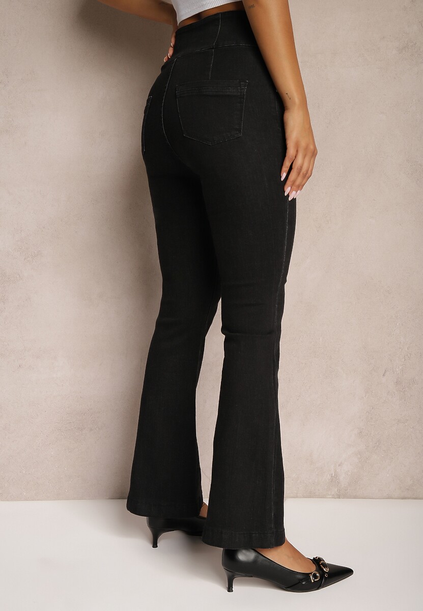 Czarne Jeansy High Waist o Kroju Dzwonów z Dodatkiem Bawełny Wykończone Guzikami Nevisca 3