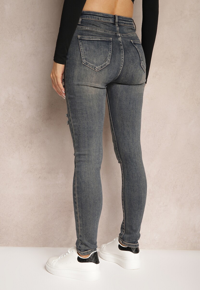 Granatowe Jeansy Skinny High Waist Wykończone Przetarciami Nevelisa 3
