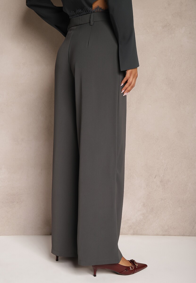 Szare Garniturowe Spodnie z Koronką o Szerokim Kroju High Waist Nevisha 3