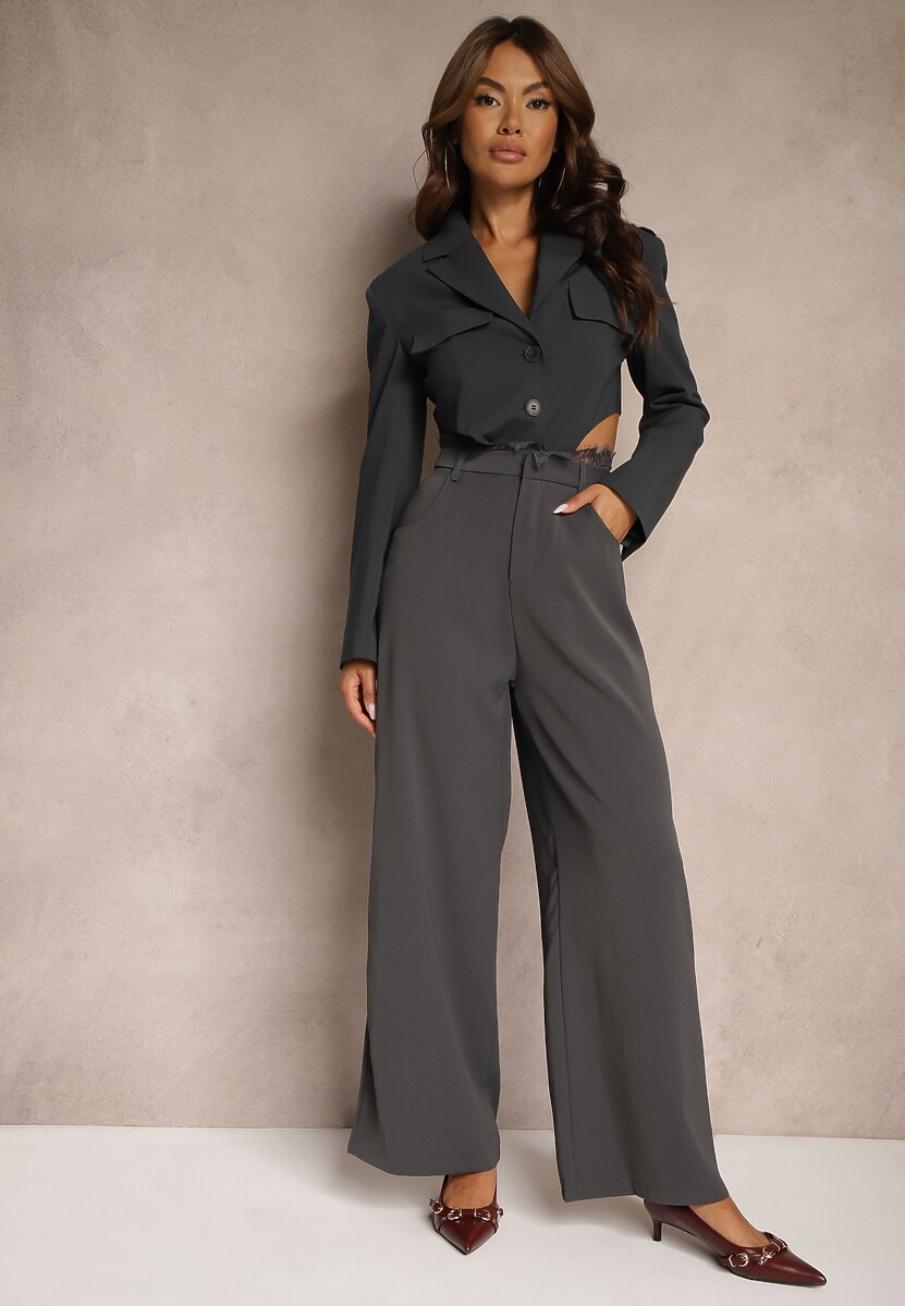 Szare Garniturowe Spodnie z Koronką o Szerokim Kroju High Waist Nevisha 2