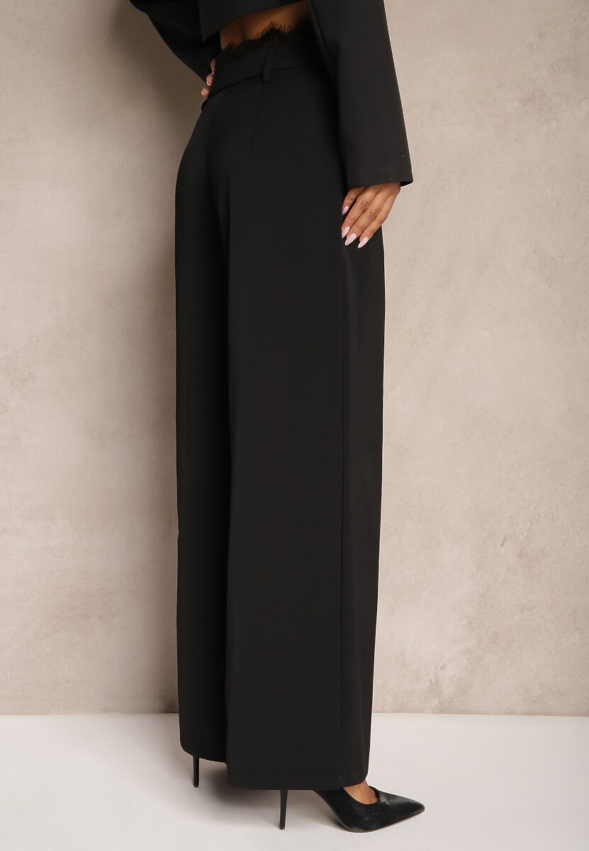 Czarne Garniturowe Spodnie z Koronką o Szerokim Kroju High Waist Nevisha 3