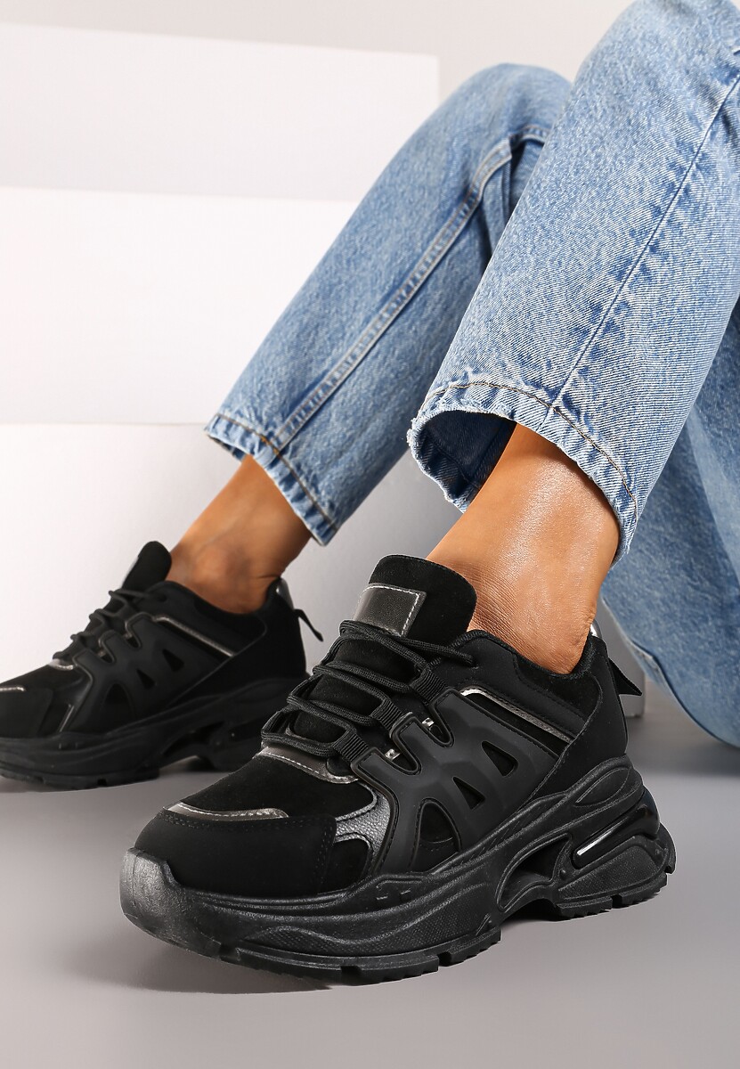 Czarne Sznurowane Sneakersy na Tłoczonej Platformie Nevettine 2