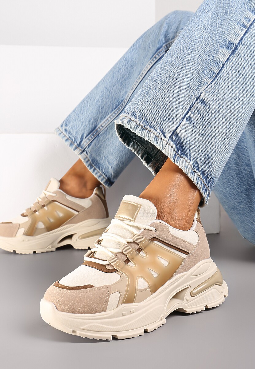 Ciemnobeżowe Sznurowane Sneakersy na Tłoczonej Platformie Nevettine 2