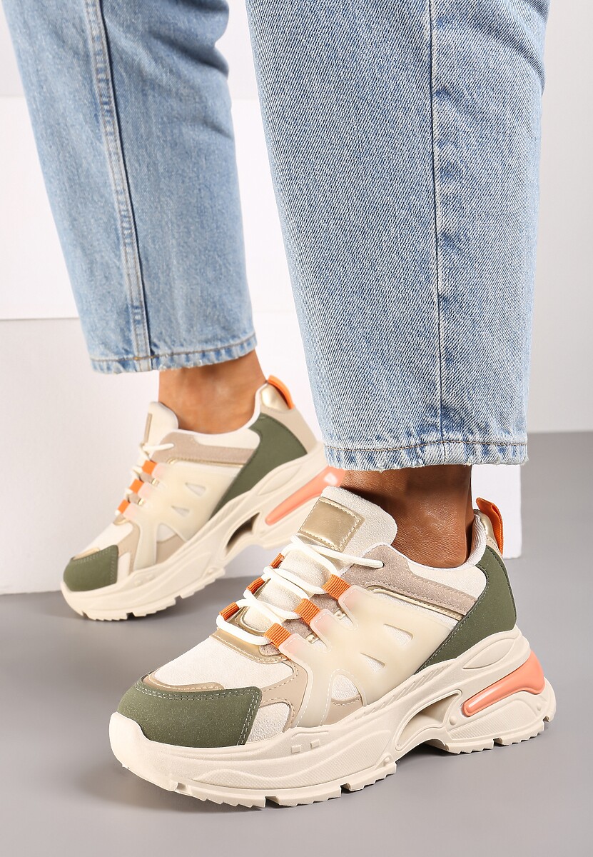 Zielone Sznurowane Sneakersy na Tłoczonej Platformie Nevettine 1