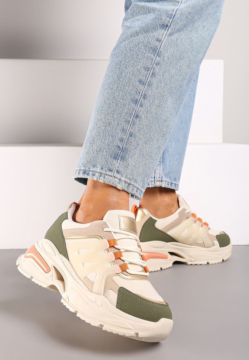 Zielone Sznurowane Sneakersy na Tłoczonej Platformie Nevettine 2