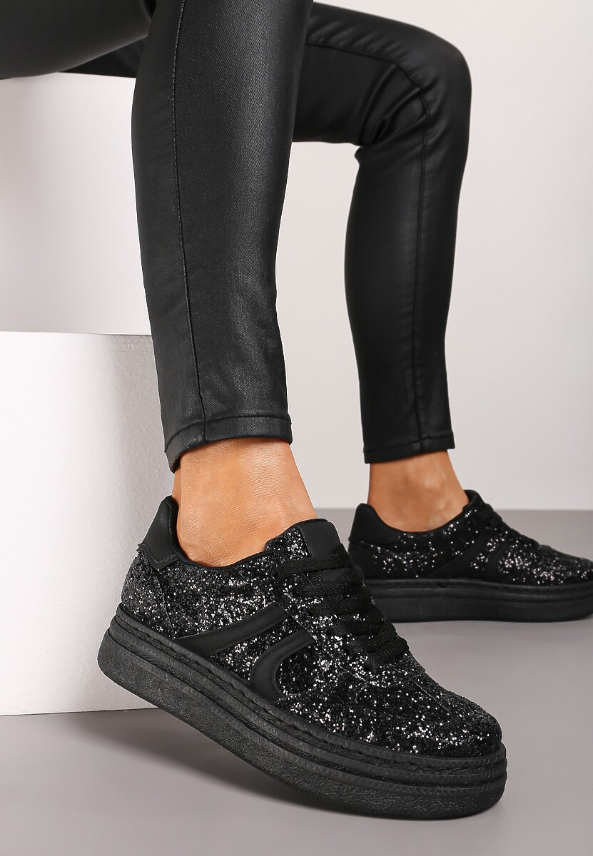 Czarne Brokatowe Sneakersy na Niskiej Platformie Nevilinna 2