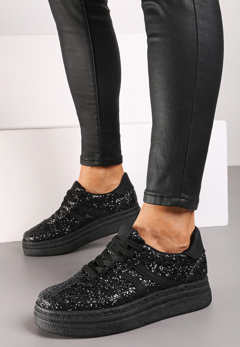 Czarne Brokatowe Sneakersy na Niskiej Platformie Nevilinna 3