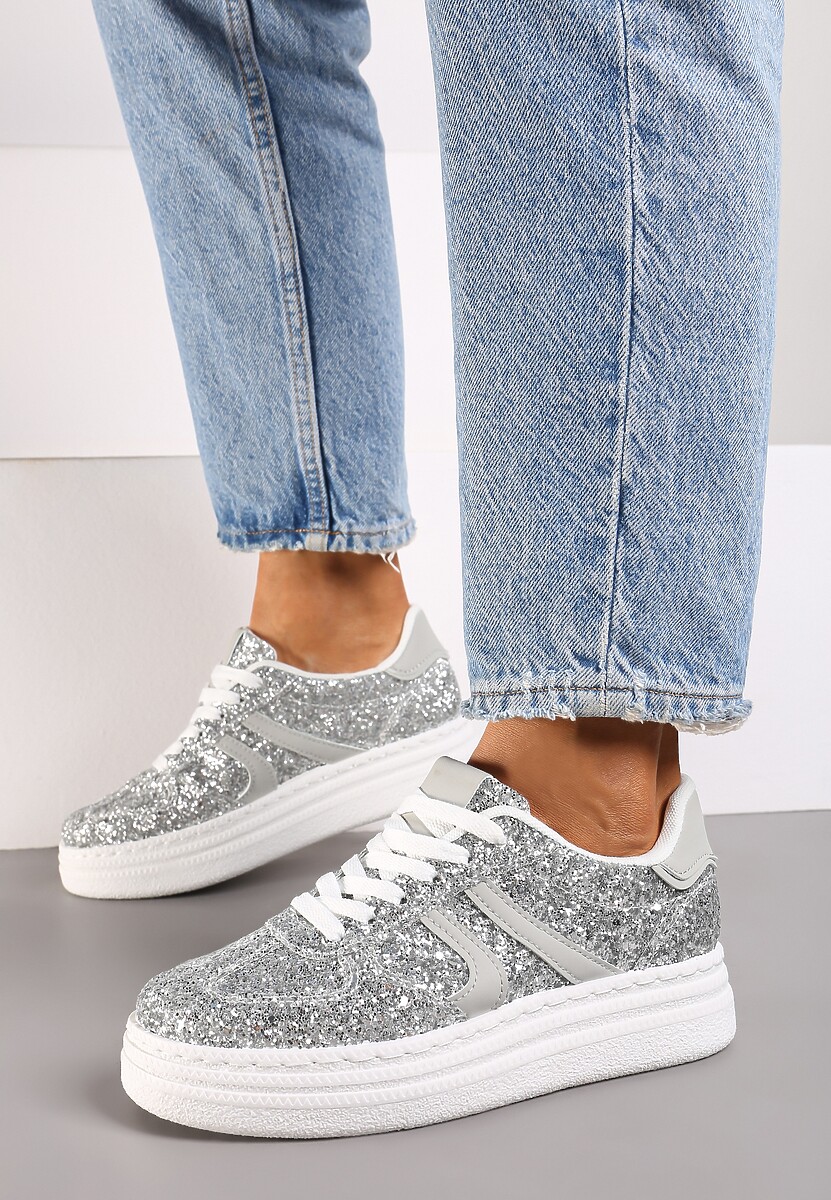 Srebrne Brokatowe Sneakersy na Niskiej Platformie Nevilinna 2