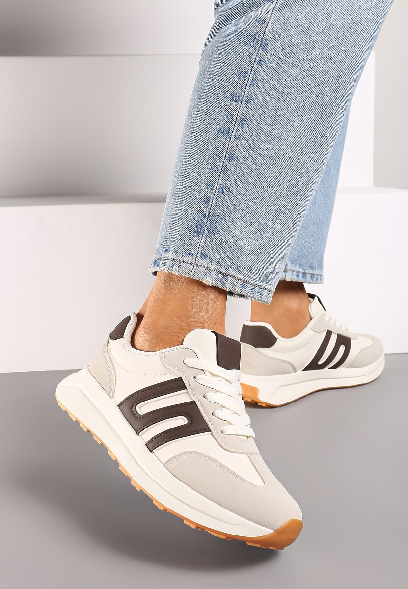 Szaro-Brązowe Sznurowane Sneakersy na Płaskiej Podeszwie Ozdobione Paskami Nevlaia 1
