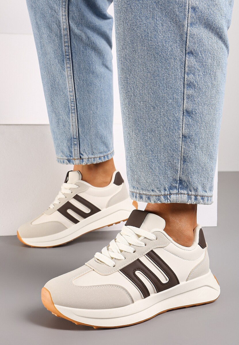 Szaro-Brązowe Sznurowane Sneakersy na Płaskiej Podeszwie Ozdobione Paskami Nevlaia 3