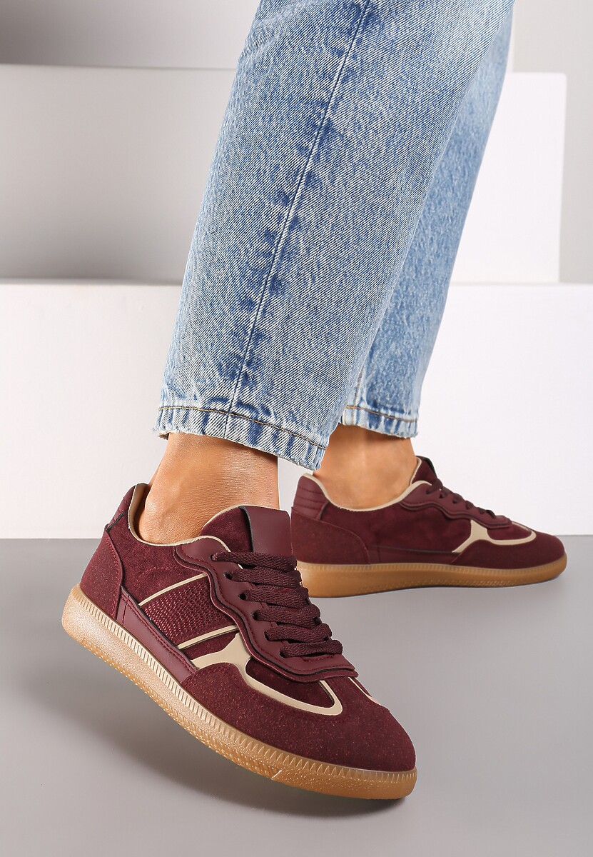 Bordowe Sneakersy na Niskiej Platformie z Ozdobnymi Przeszyciami Nevetara 1