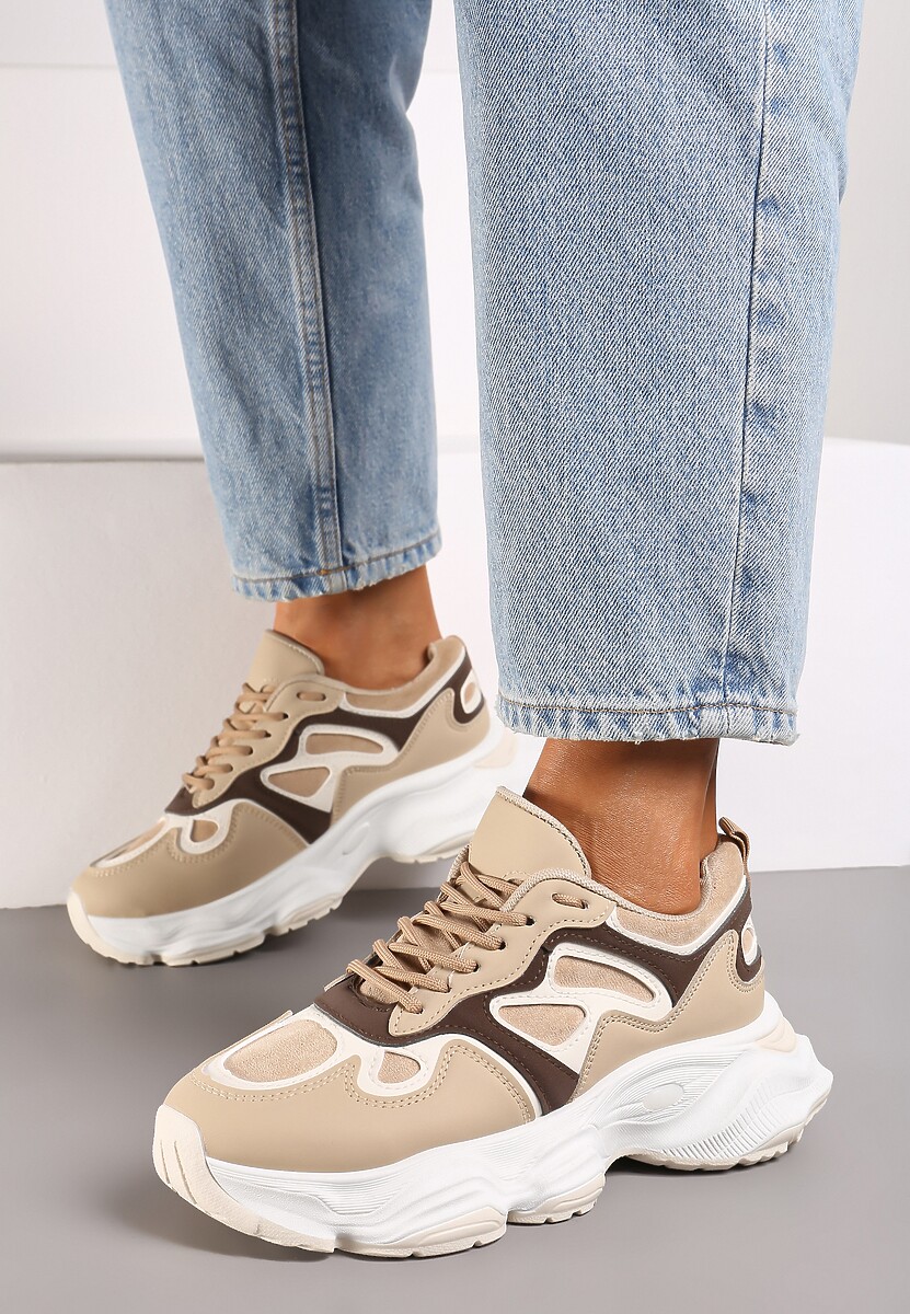 Beżowe Casualowe Sneakersy na Platformie z Geometrycznym Motywem Mevalise 1