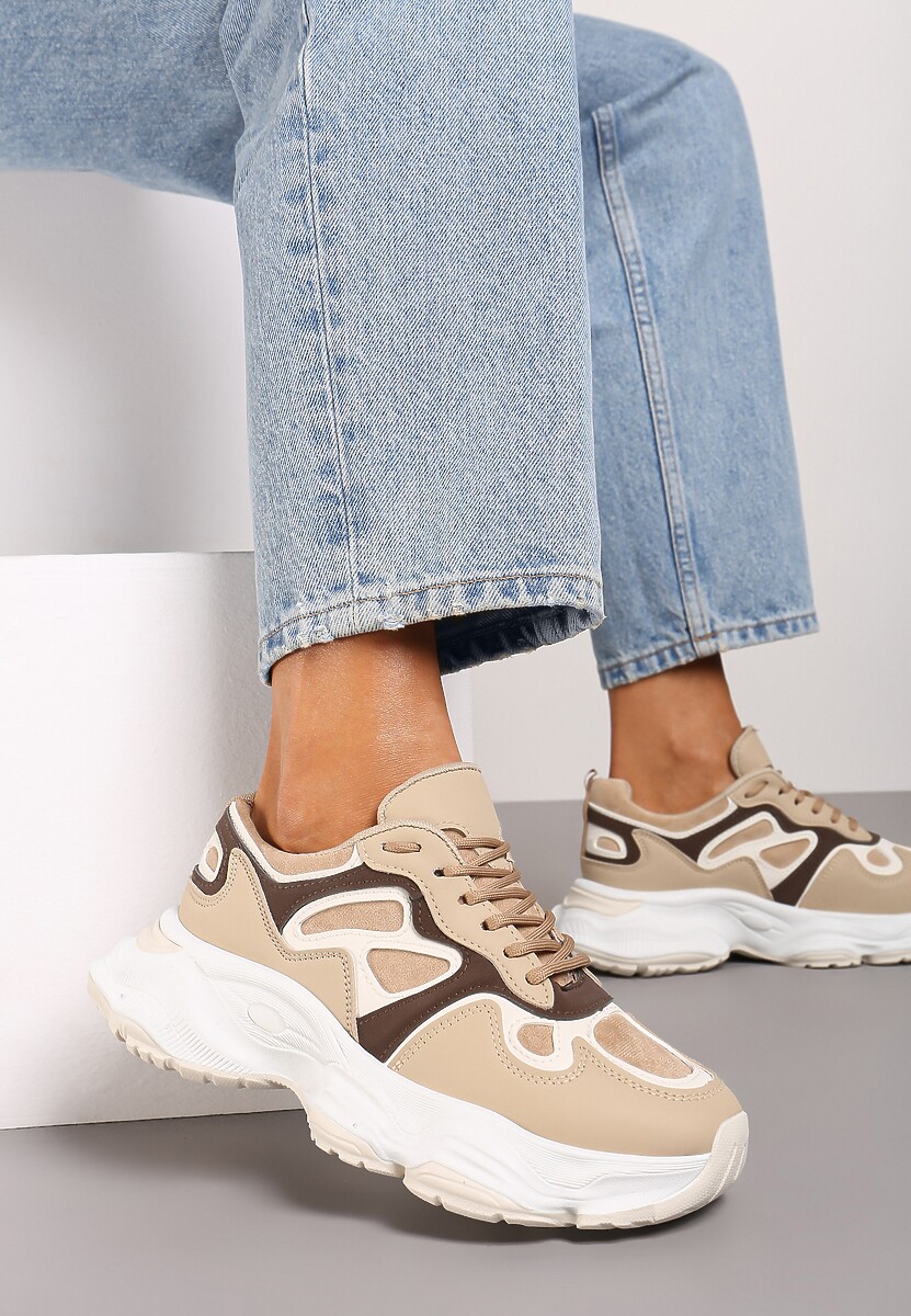 Beżowe Casualowe Sneakersy na Platformie z Geometrycznym Motywem Mevalise 2
