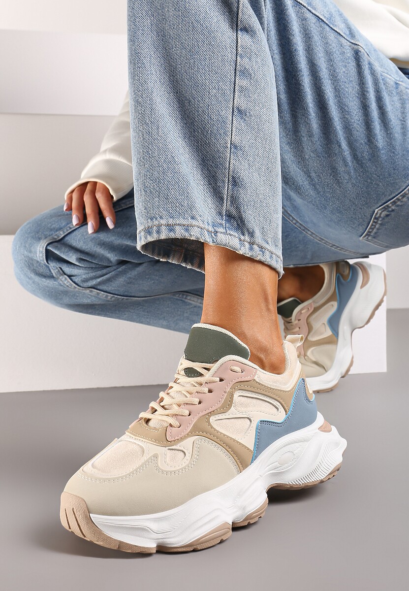 Beżowo-Niebieskie Casualowe Sneakersy na Platformie z Geometrycznym Motywem Mevalise 1