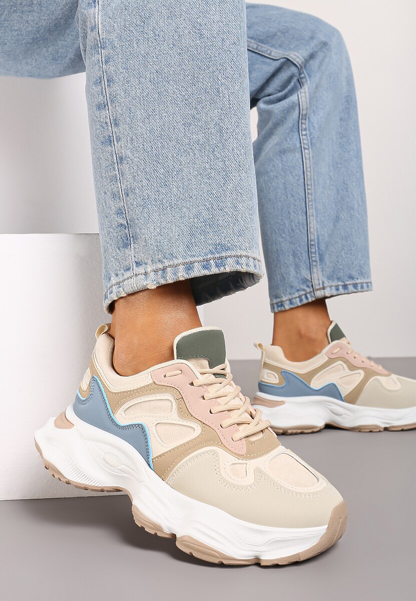 Beżowo-Niebieskie Casualowe Sneakersy na Platformie z Geometrycznym Motywem Mevalise 2