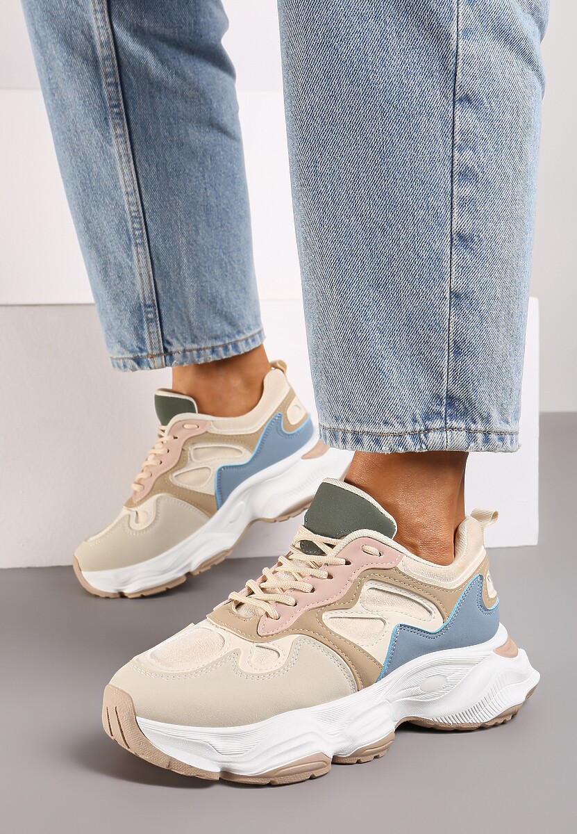 Beżowo-Niebieskie Casualowe Sneakersy na Platformie z Geometrycznym Motywem Mevalise 3