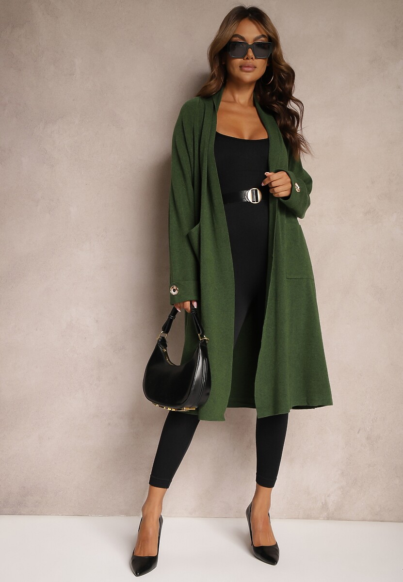 Zielony Kardigan z Wiskozą i Modalem Ozdobiony na Rękawach Guzikami Velestra 1